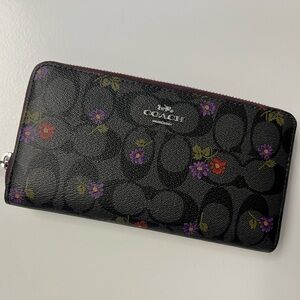 Coach Black Wallet with Purple and Red Floral Design